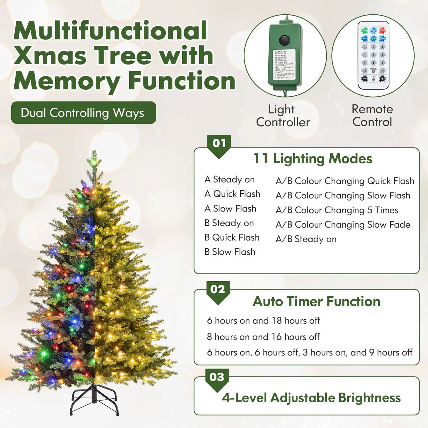 5 Feet Artificial Xmas Tree Hinged with 11 Lighting Modes and Remote Control by DirectDeals