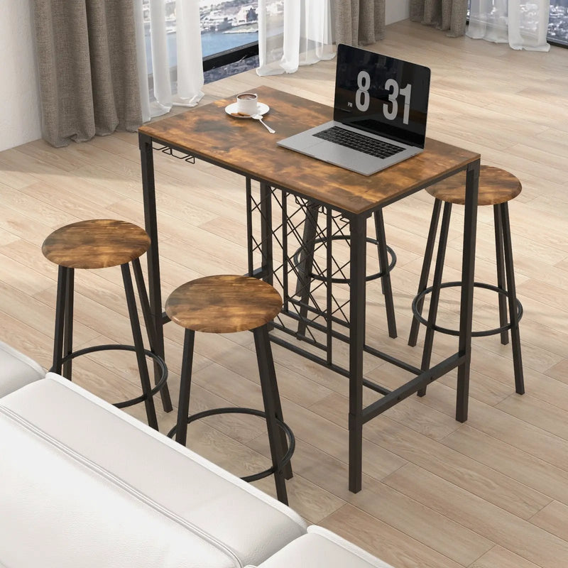 5 Pieces Bar Table and Stools Set with Wine Rack and Glass Holder-Rustic Brown by DirectDeals