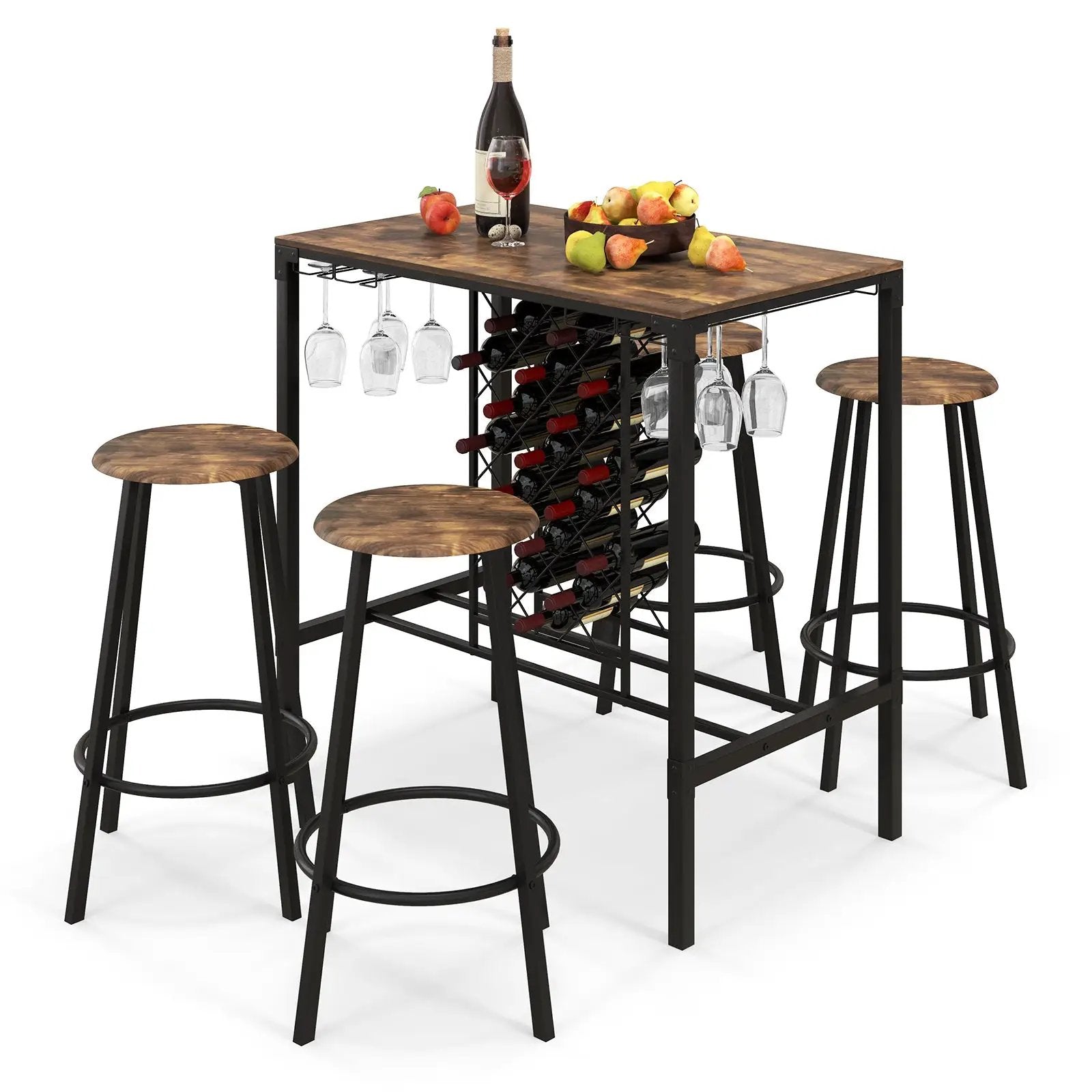 5 Pieces Bar Table and Stools Set with Wine Rack and Glass Holder-Rustic Brown by DirectDeals