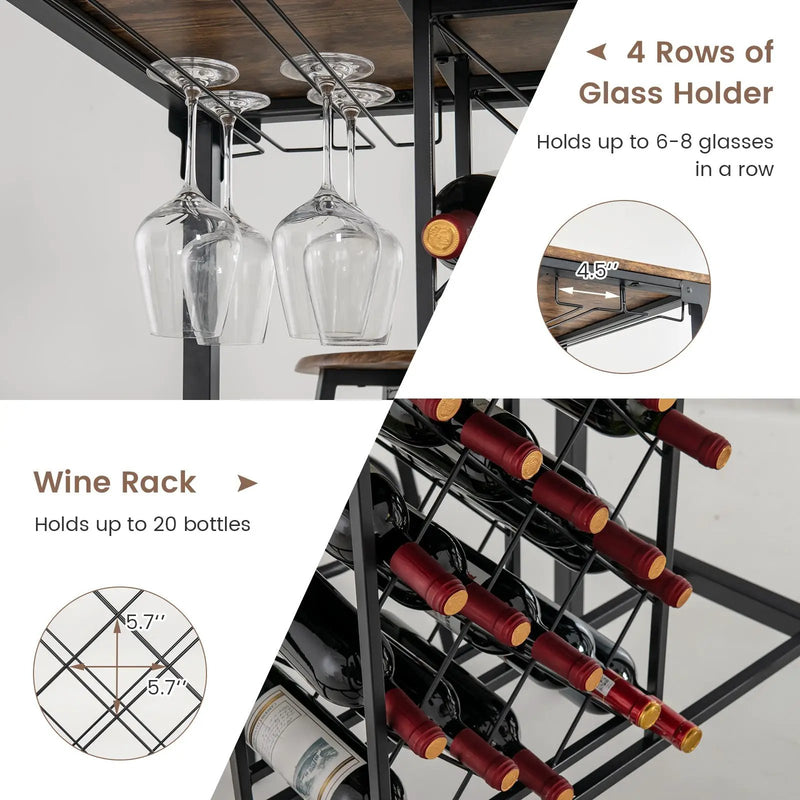 5 Pieces Bar Table and Stools Set with Wine Rack and Glass Holder-Rustic Brown by DirectDeals