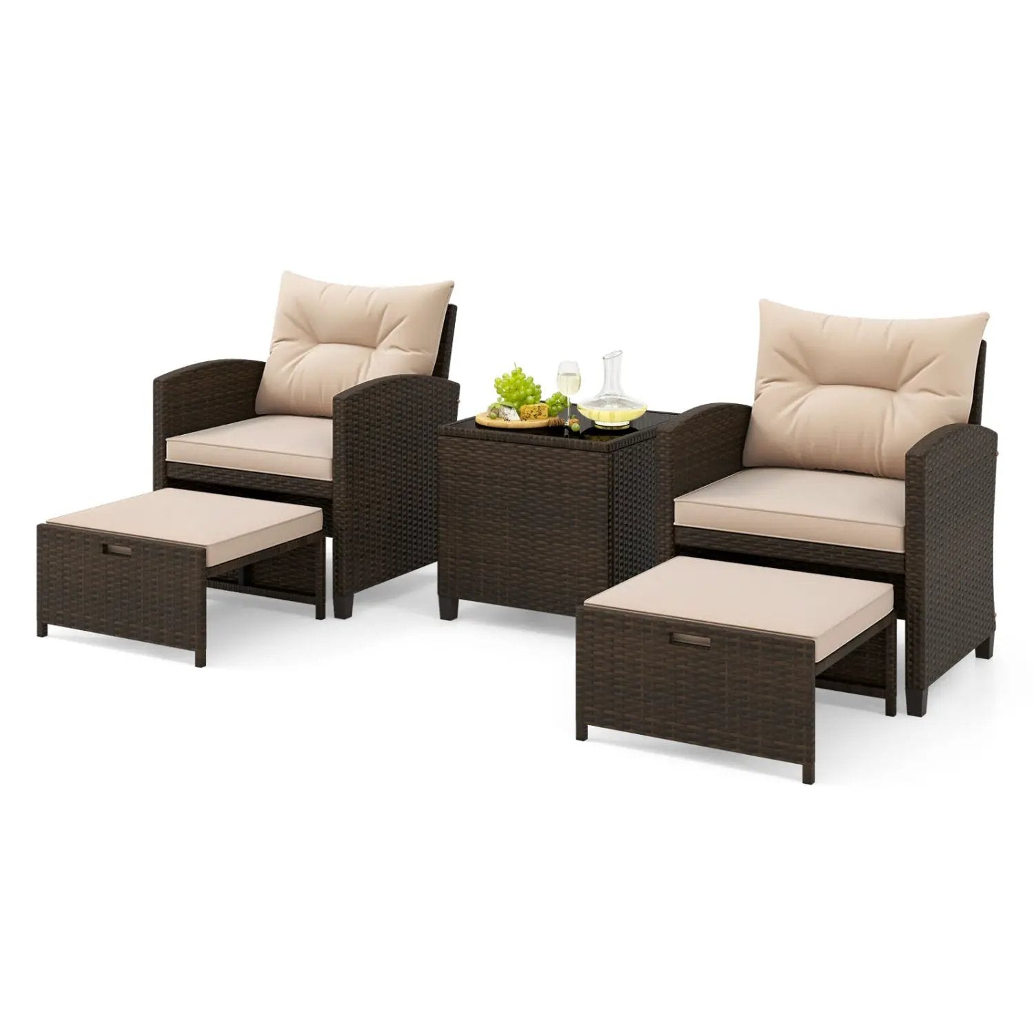5 Pieces Patio Rattan Furniture with 2 Ottomans and Tempered Glass Coffee Table-Red by DirectDeals