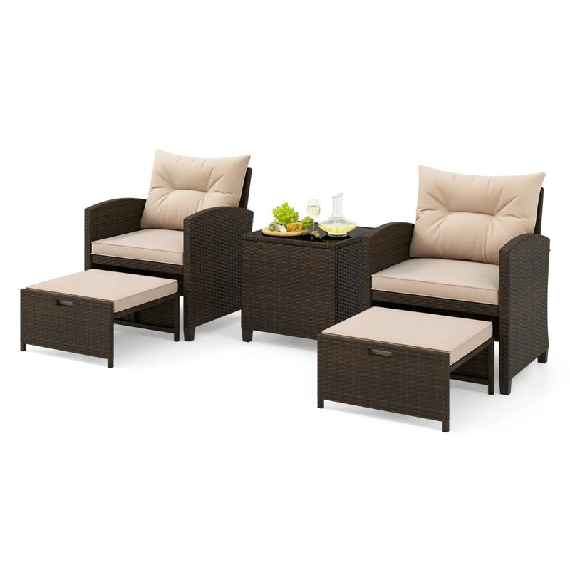 5 Pieces Patio Rattan Furniture with 2 Ottomans and Tempered Glass Coffee Table-Red by DirectDeals