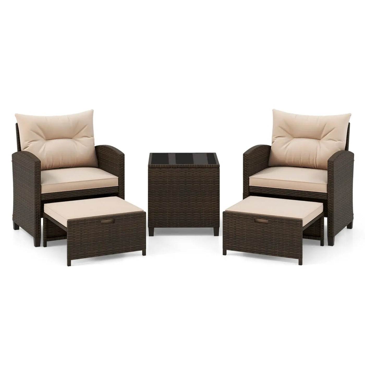 5 Pieces Patio Rattan Furniture with 2 Ottomans and Tempered Glass Coffee Table-Red by DirectDeals