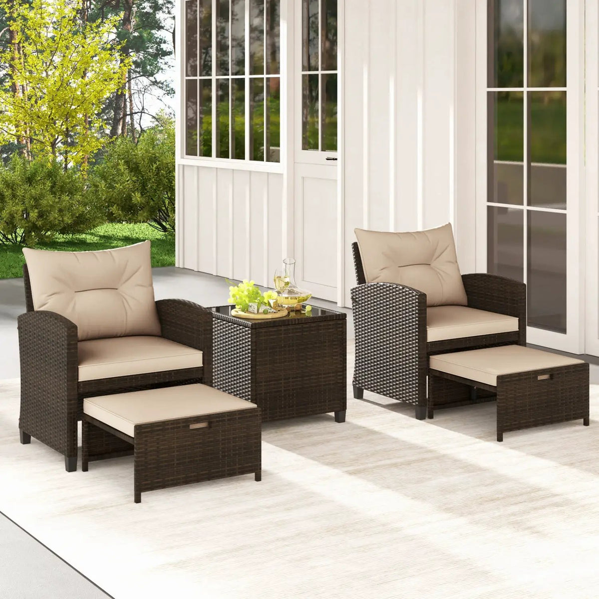 5 Pieces Patio Rattan Furniture with 2 Ottomans and Tempered Glass Coffee Table-Red by DirectDeals