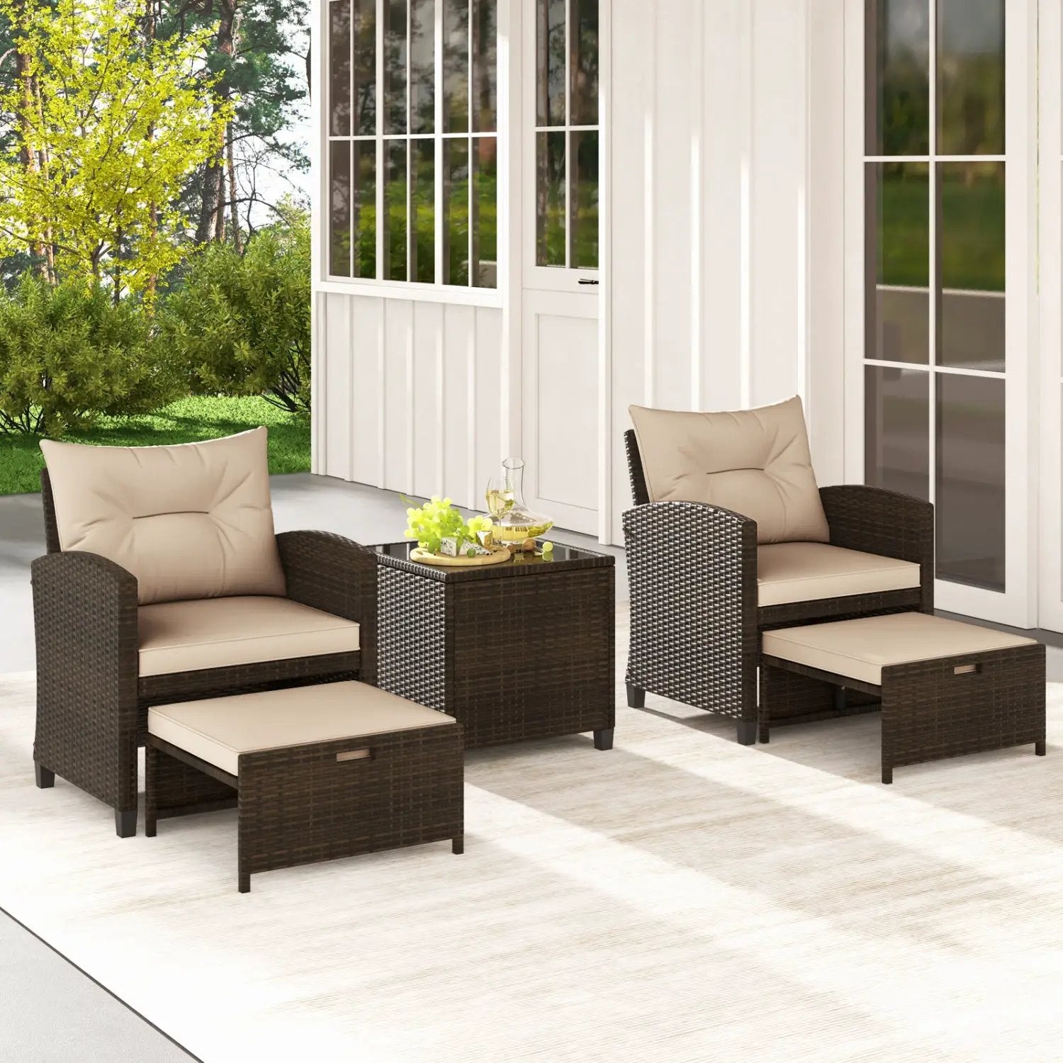 5 Pieces Patio Rattan Furniture with 2 Ottomans and Tempered Glass Coffee Table-Red by DirectDeals
