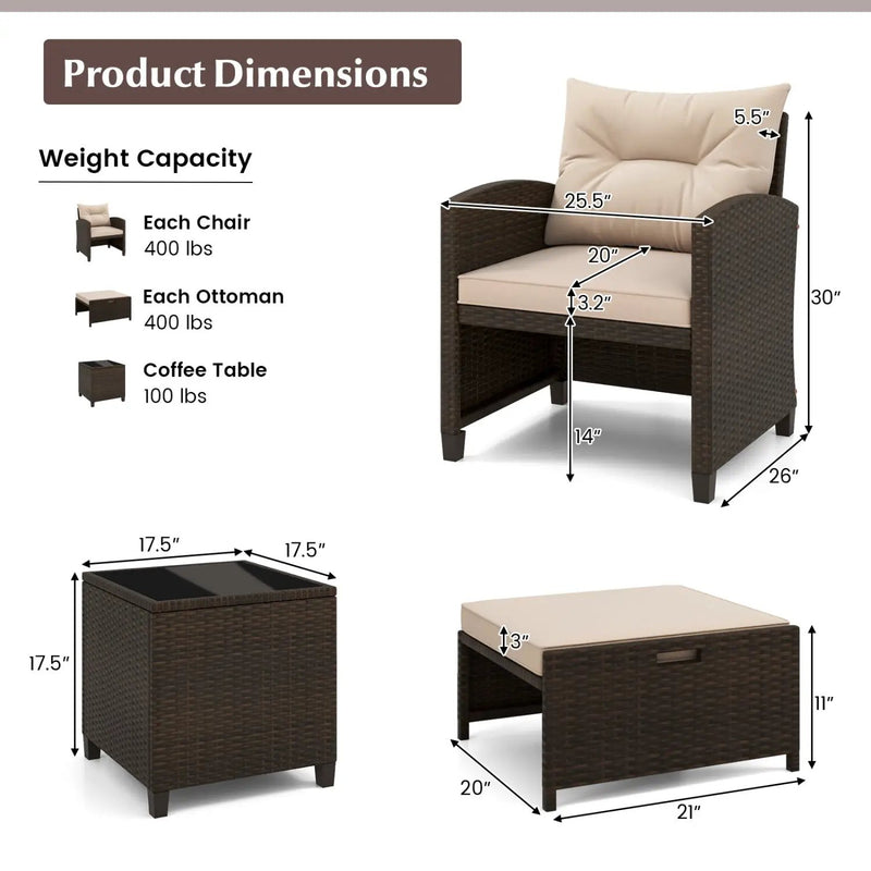 5 Pieces Patio Rattan Furniture with 2 Ottomans and Tempered Glass Coffee Table-Red by DirectDeals