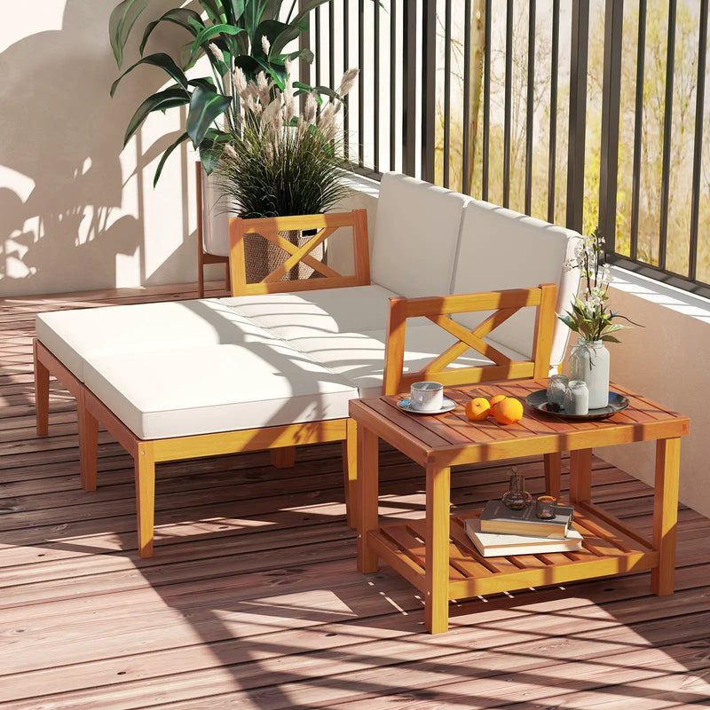 5 Pieces Acacia Wood Patio Chaise Lounge Chair Set with Ottoman and Cushions-White by DirectDeals