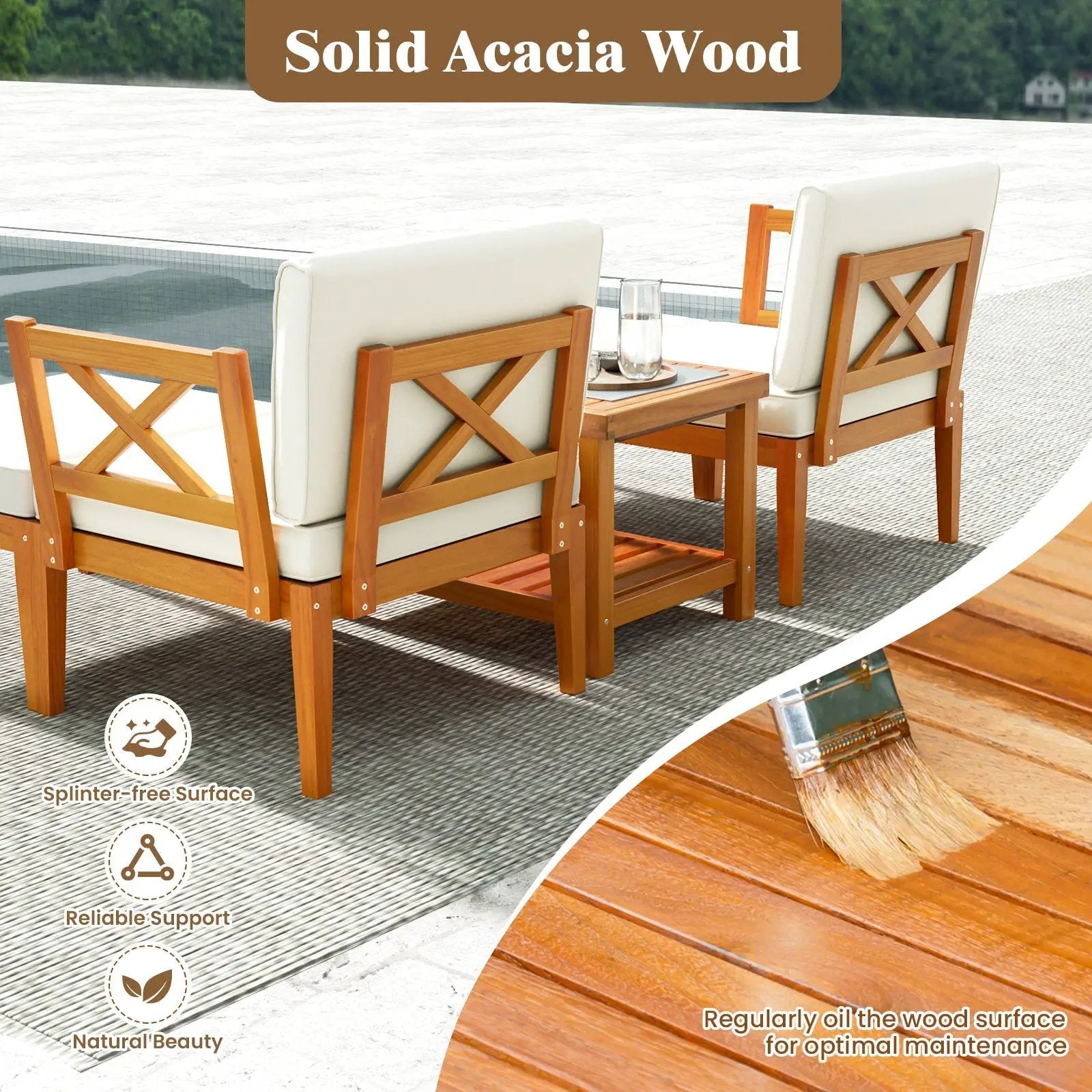 5 Pieces Acacia Wood Patio Chaise Lounge Chair Set with Ottoman and Cushions-White by DirectDeals