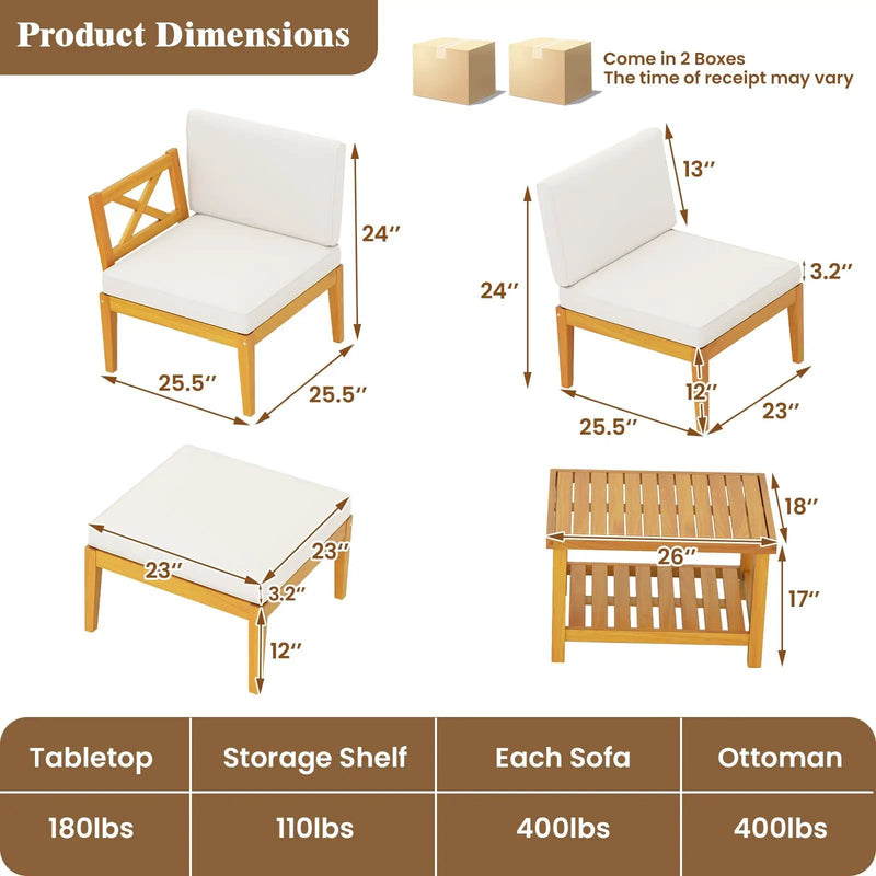 5 Pieces Acacia Wood Patio Chaise Lounge Chair Set with Ottoman and Cushions-White by DirectDeals