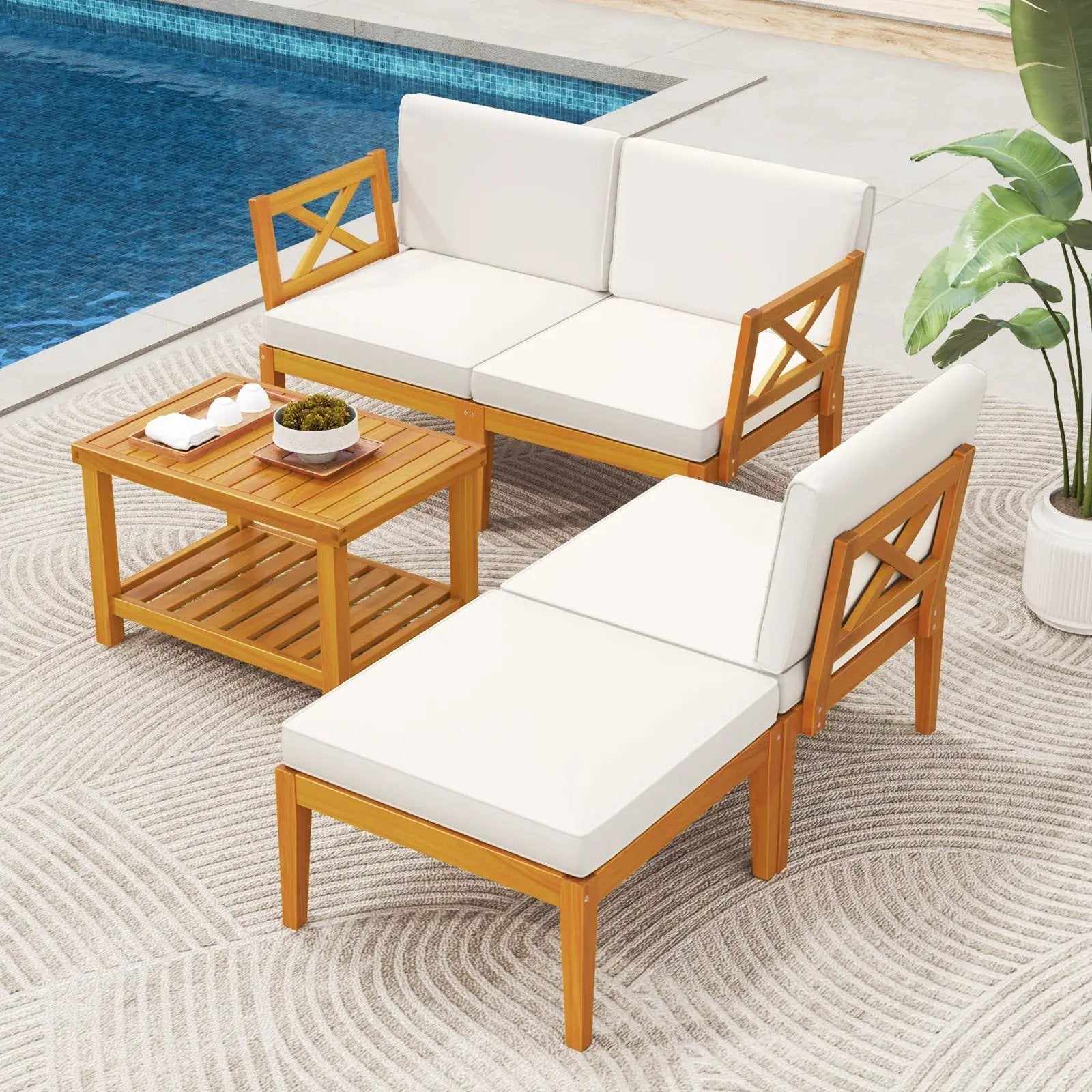 5 Pieces Acacia Wood Patio Furniture Set with 2-Tier Coffee Table and Cushions-White by DirectDeals
