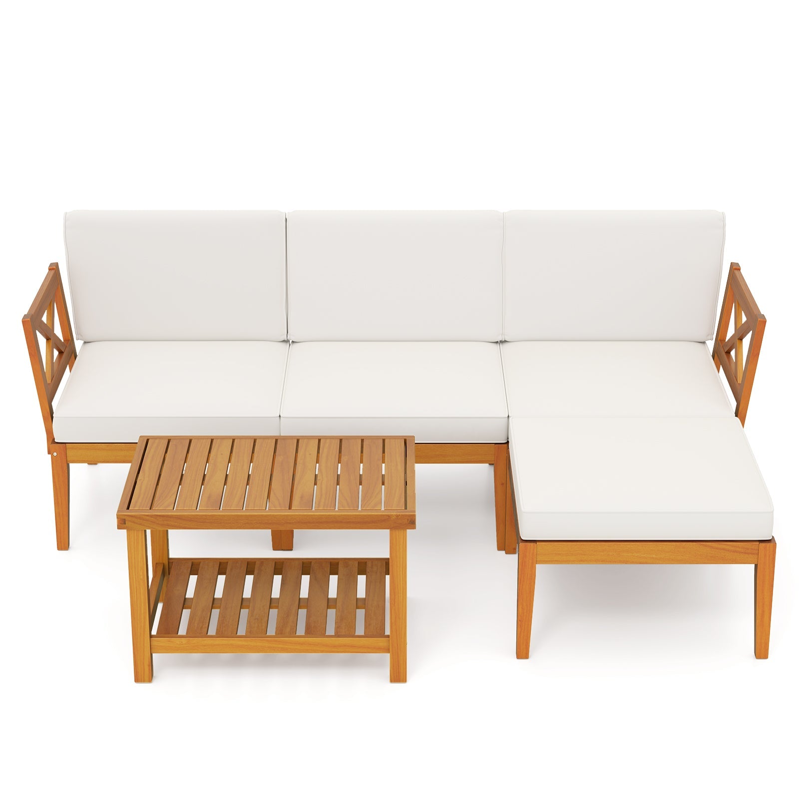5 Pieces Acacia Wood Patio Furniture Set with 2-Tier Coffee Table and Cushions-White by DirectDeals