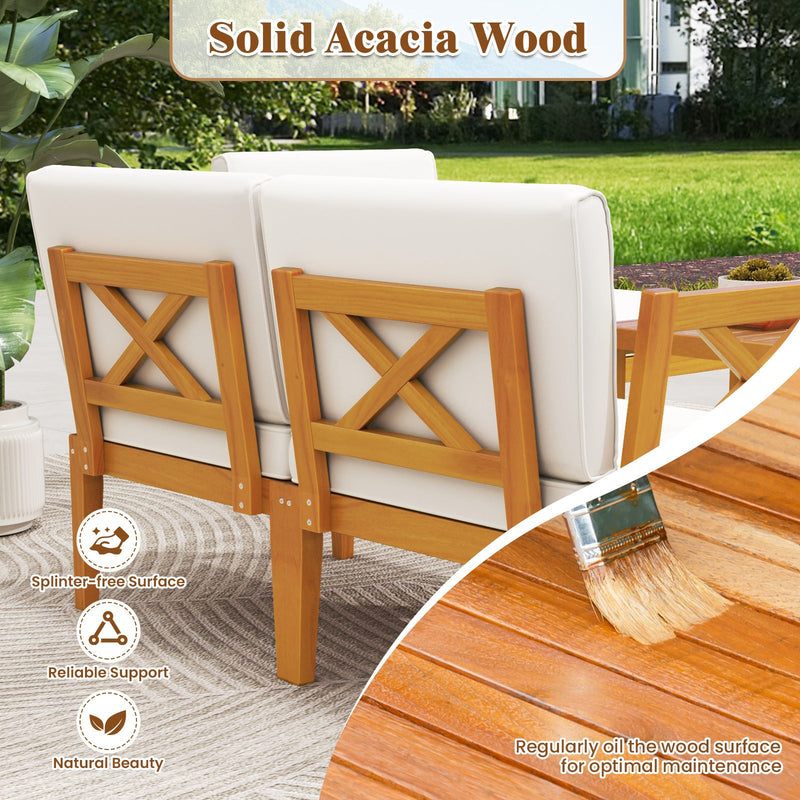 5 Pieces Acacia Wood Patio Furniture Set with 2-Tier Coffee Table and Cushions-White by DirectDeals
