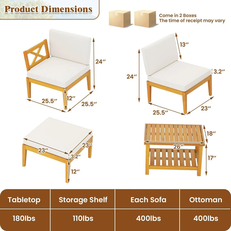 5 Pieces Acacia Wood Patio Furniture Set with 2-Tier Coffee Table and Cushions-White by DirectDeals