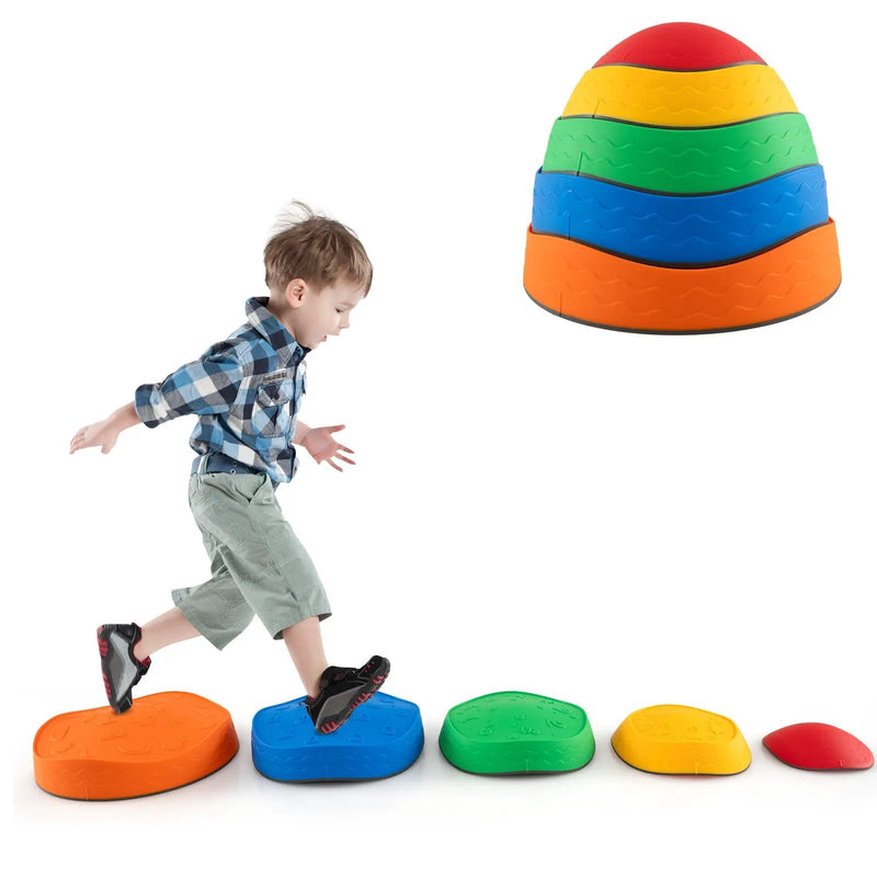 5 Pieces Kids Stepping Stones Stackable Round River Stone Indoor Outdoor-Multicolor by DirectDeals