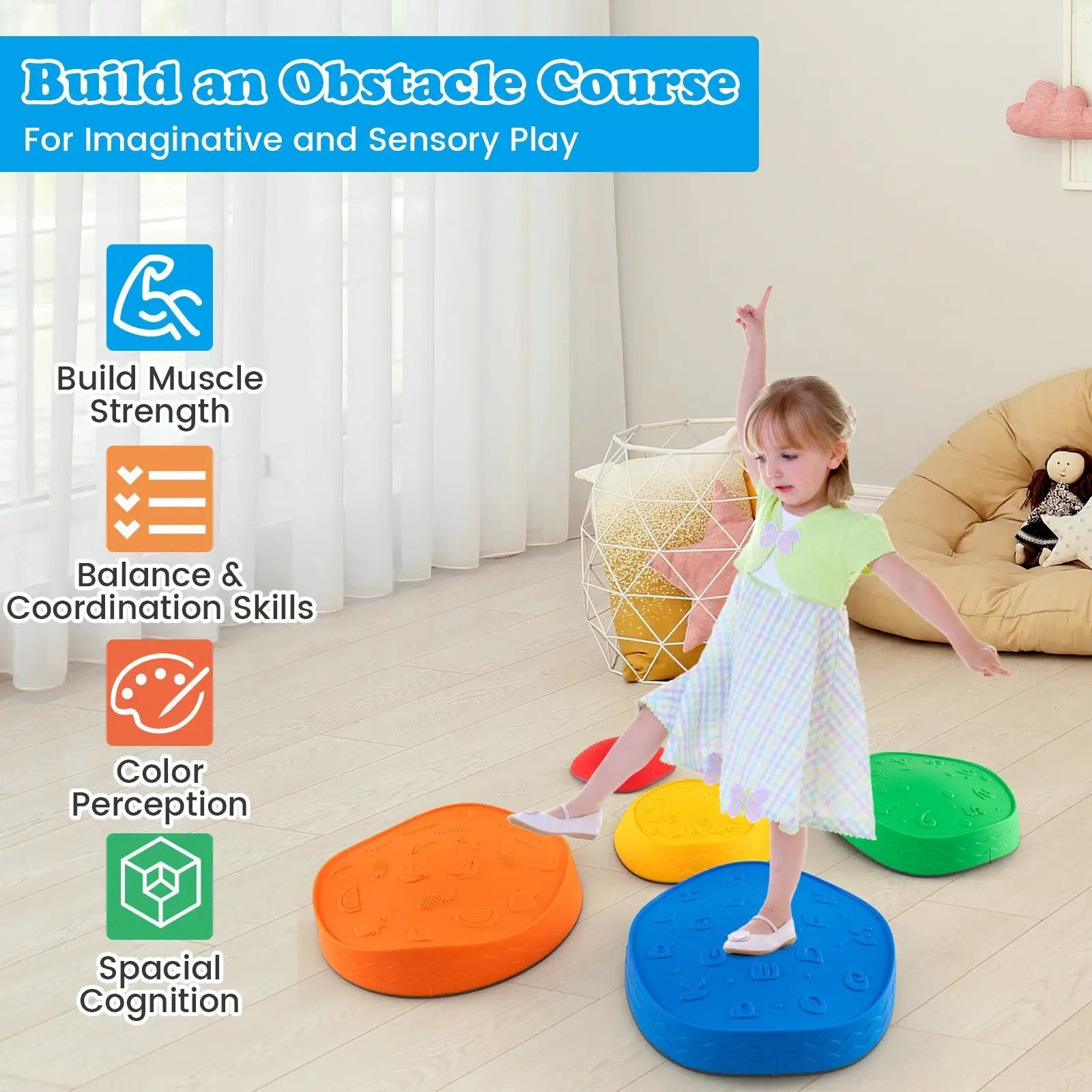 5 Pieces Kids Stepping Stones Stackable Round River Stone Indoor Outdoor-Multicolor by DirectDeals
