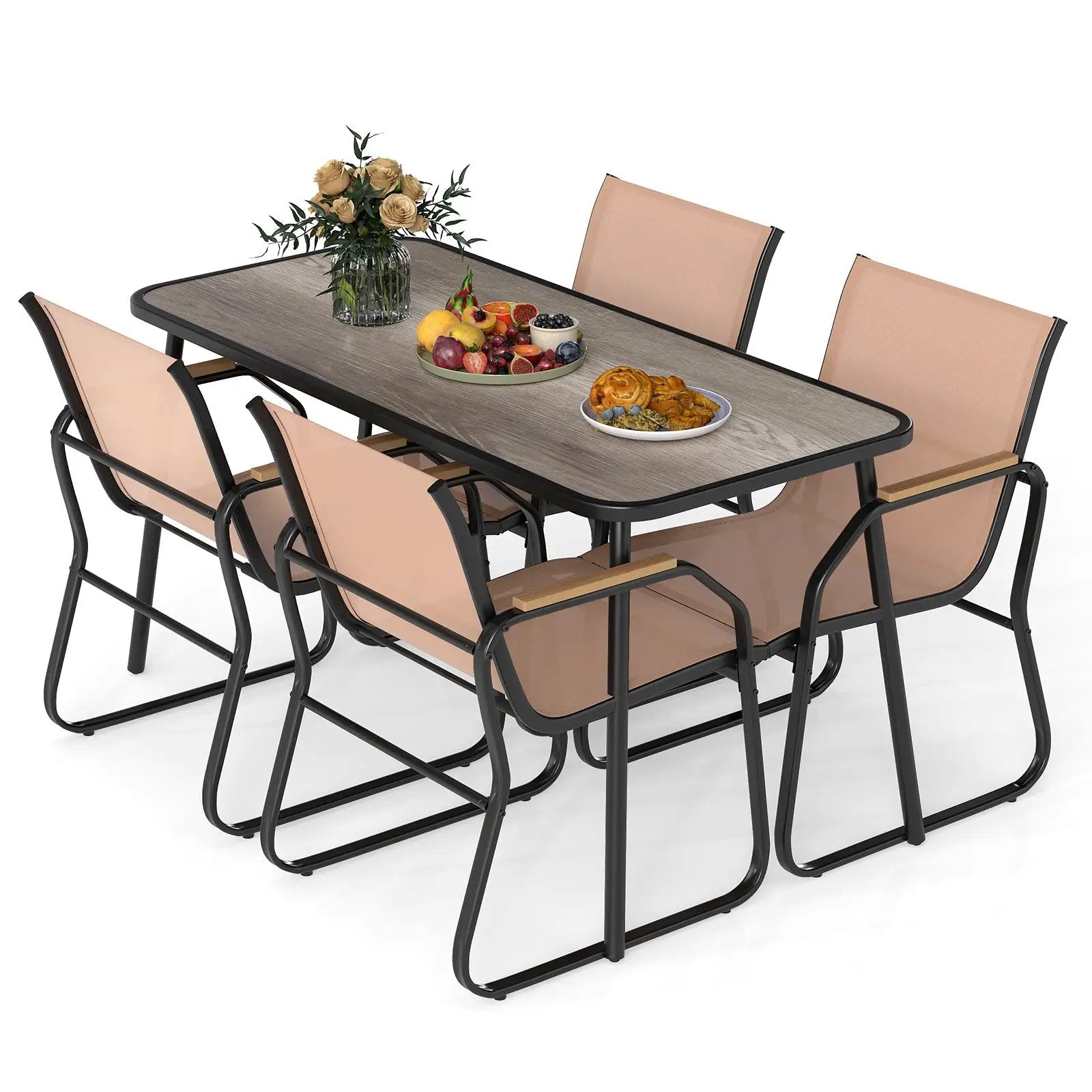 5 Pieces Patio Dining Set with Rectangular Table and Fabric Chairs-Brown by DirectDeals