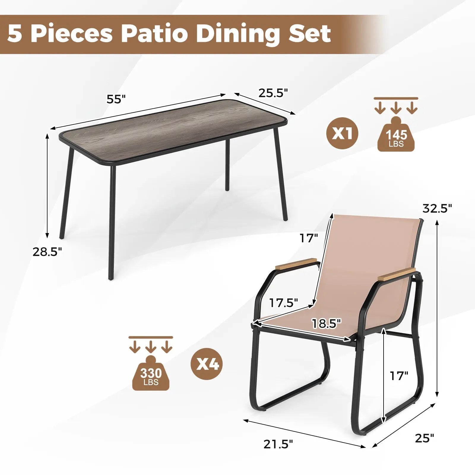 5 Pieces Patio Dining Set with Rectangular Table and Fabric Chairs-Brown by DirectDeals