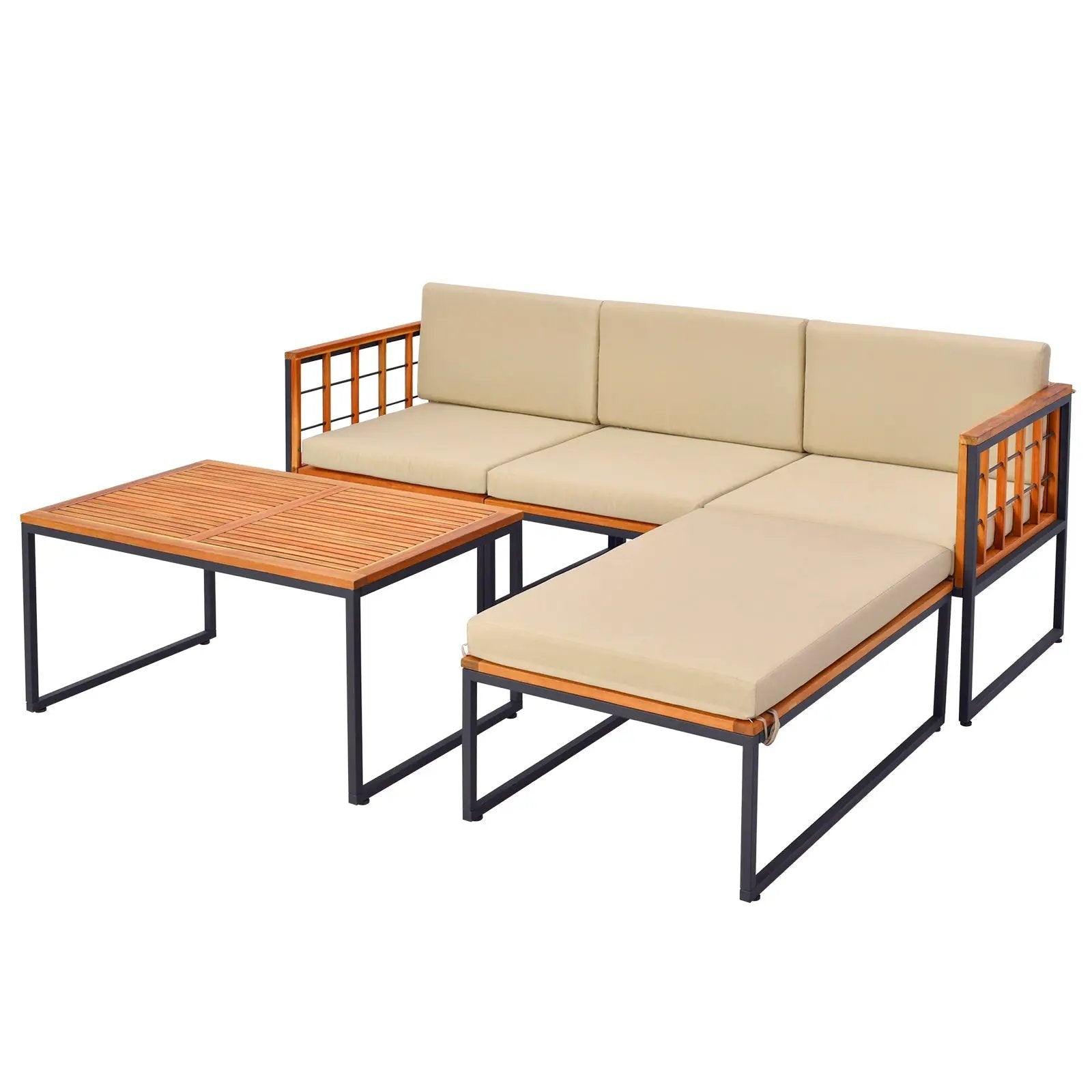 5 Pieces Patio Furniture Set Acacia Wood Sectional Set with Heavy-Duty Metal Frame-Beige by DirectDeals