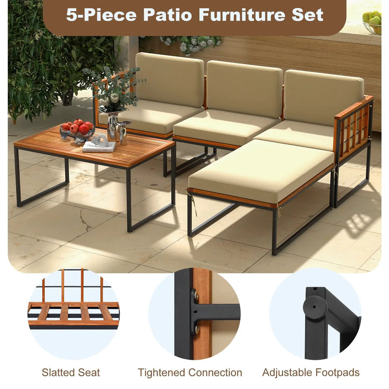 5 Pieces Patio Furniture Set Acacia Wood Sectional Set with Heavy-Duty Metal Frame-Beige by DirectDeals