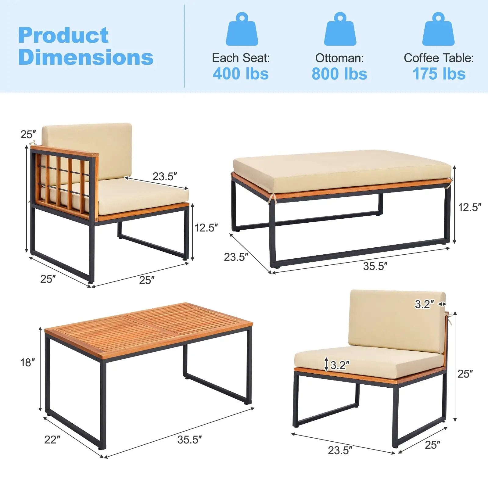 5 Pieces Patio Furniture Set Acacia Wood Sectional Set with Heavy-Duty Metal Frame-Beige by DirectDeals