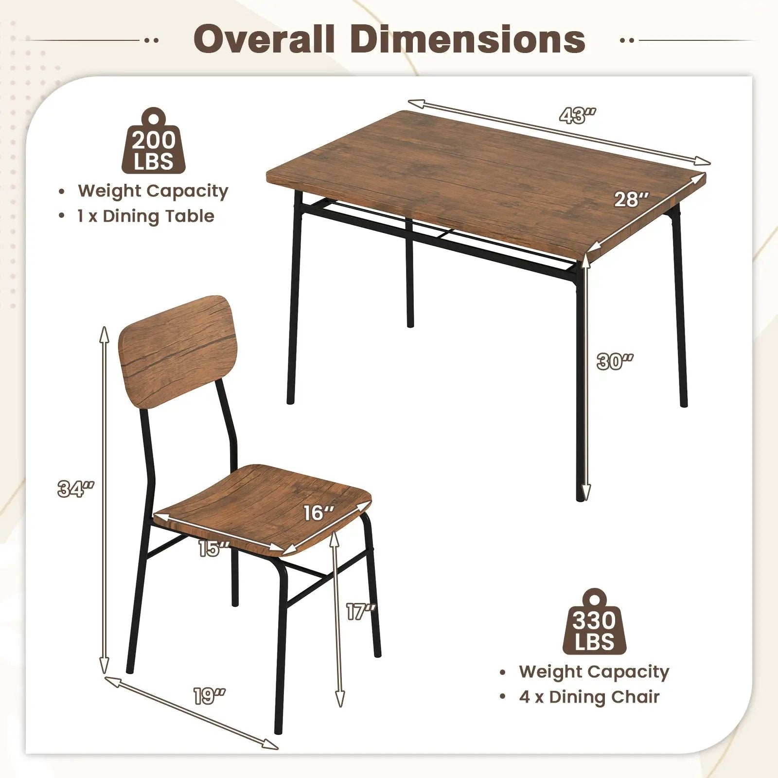 5-Piece Table Set for 4 with Metal Frame and Storage Rack-Brown by DirectDeals