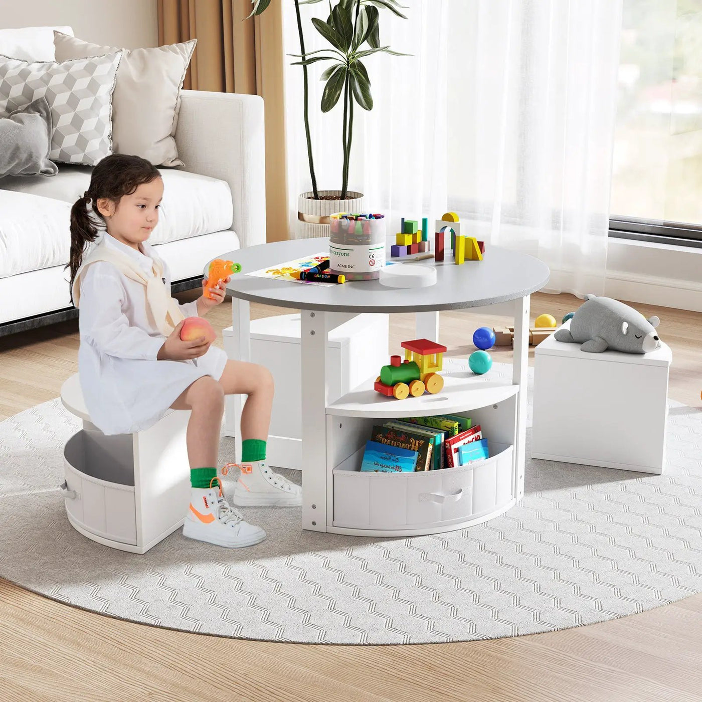 5 Piece Toddler Round Nesting Table with 4 Storage Stools for Activity by DirectDeals