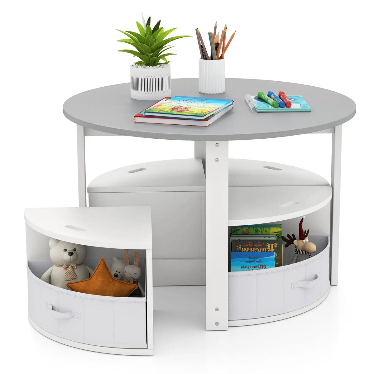 5 Piece Toddler Round Nesting Table with 4 Storage Stools for Activity by DirectDeals
