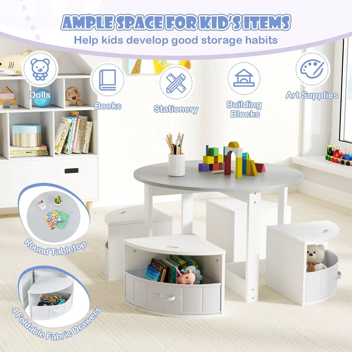 5 Piece Toddler Round Nesting Table with 4 Storage Stools for Activity by DirectDeals