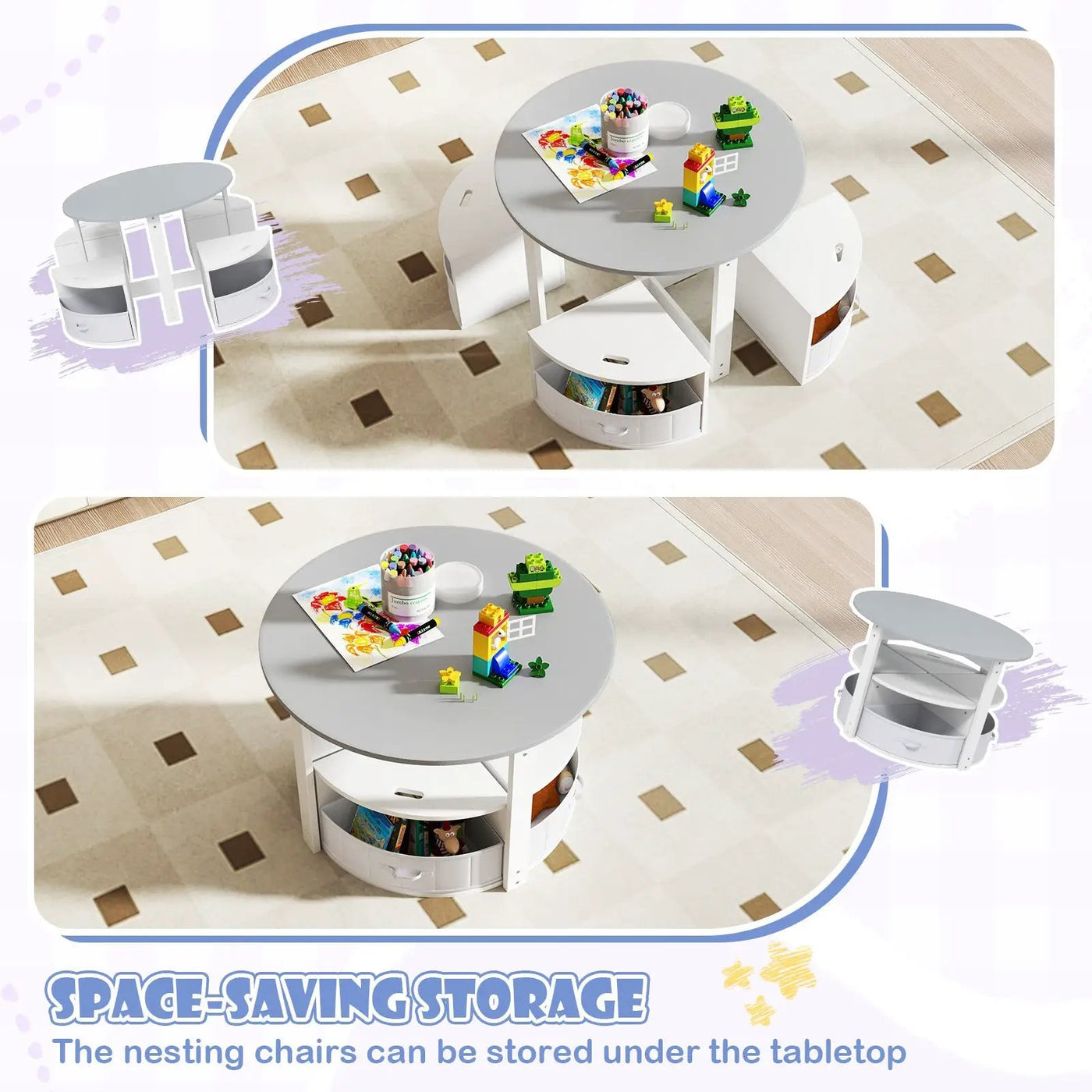 5 Piece Toddler Round Nesting Table with 4 Storage Stools for Activity by DirectDeals