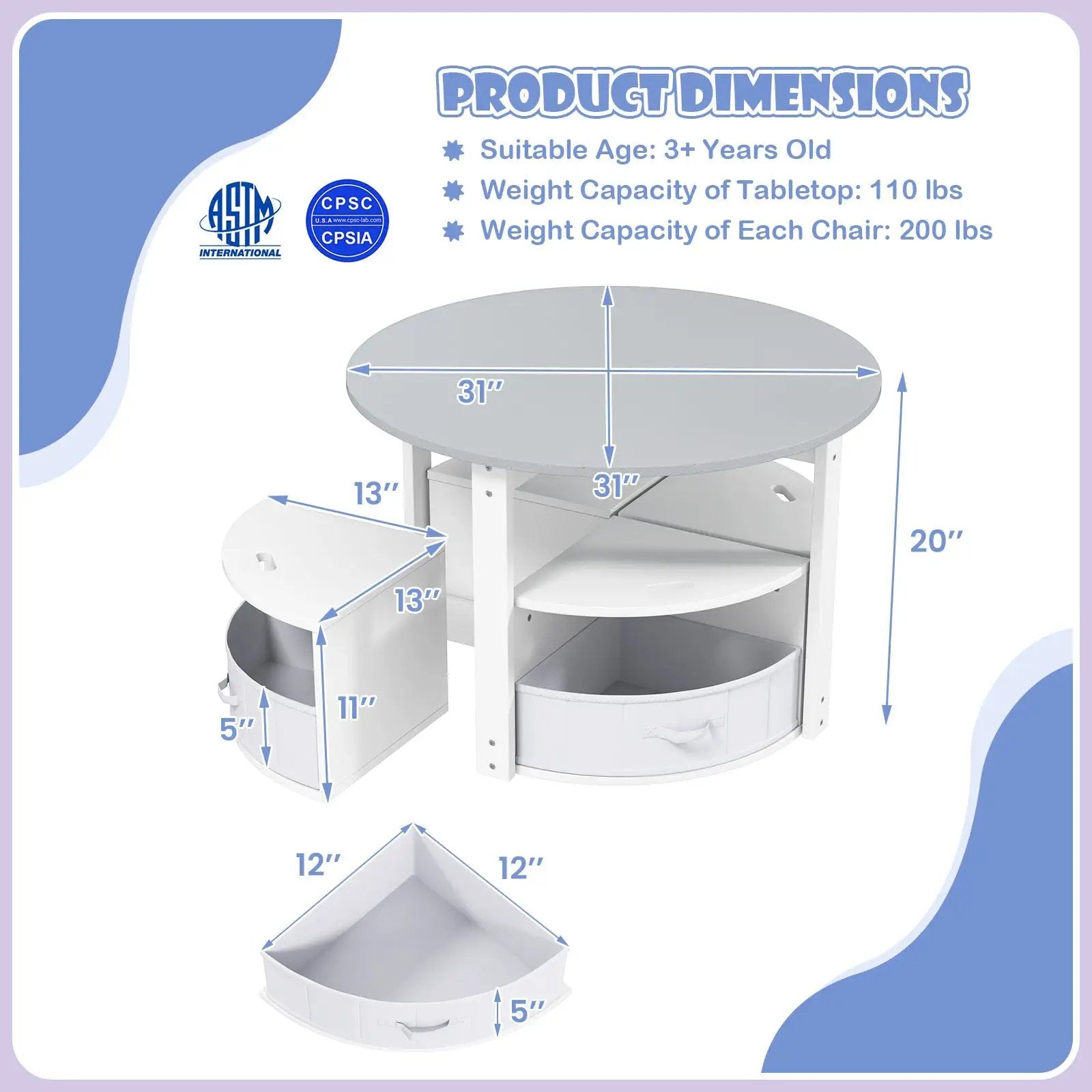5 Piece Toddler Round Nesting Table with 4 Storage Stools for Activity by DirectDeals