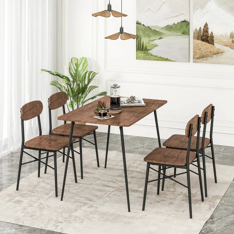 5 Piece Dining Table Set Rectangular with Backrest and Metal Legs for Breakfast Nook-Rustic Brown by DirectDeals