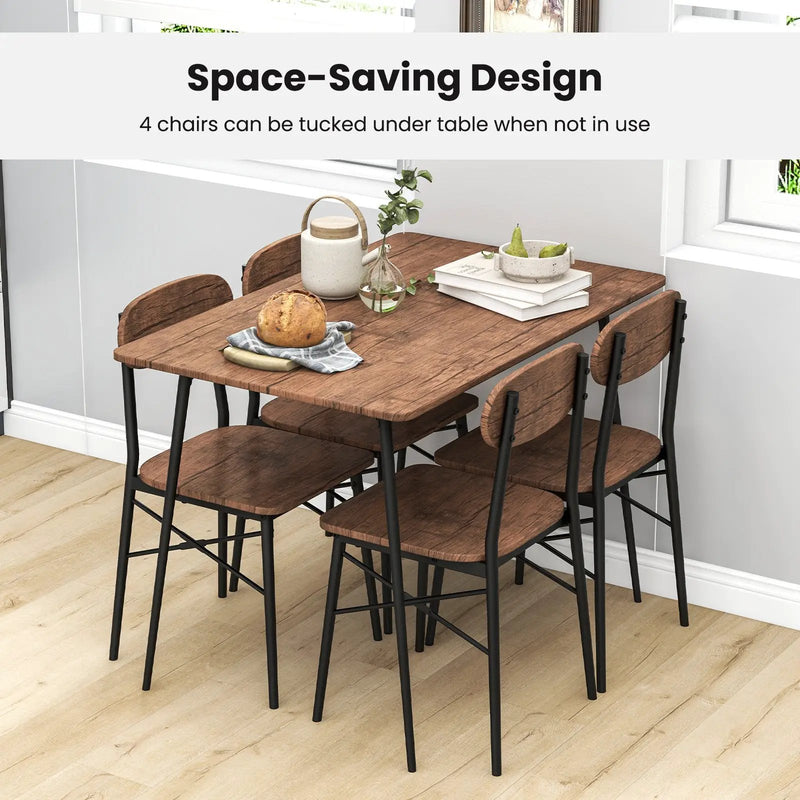 5 Piece Dining Table Set Rectangular with Backrest and Metal Legs for Breakfast Nook-Rustic Brown by DirectDeals