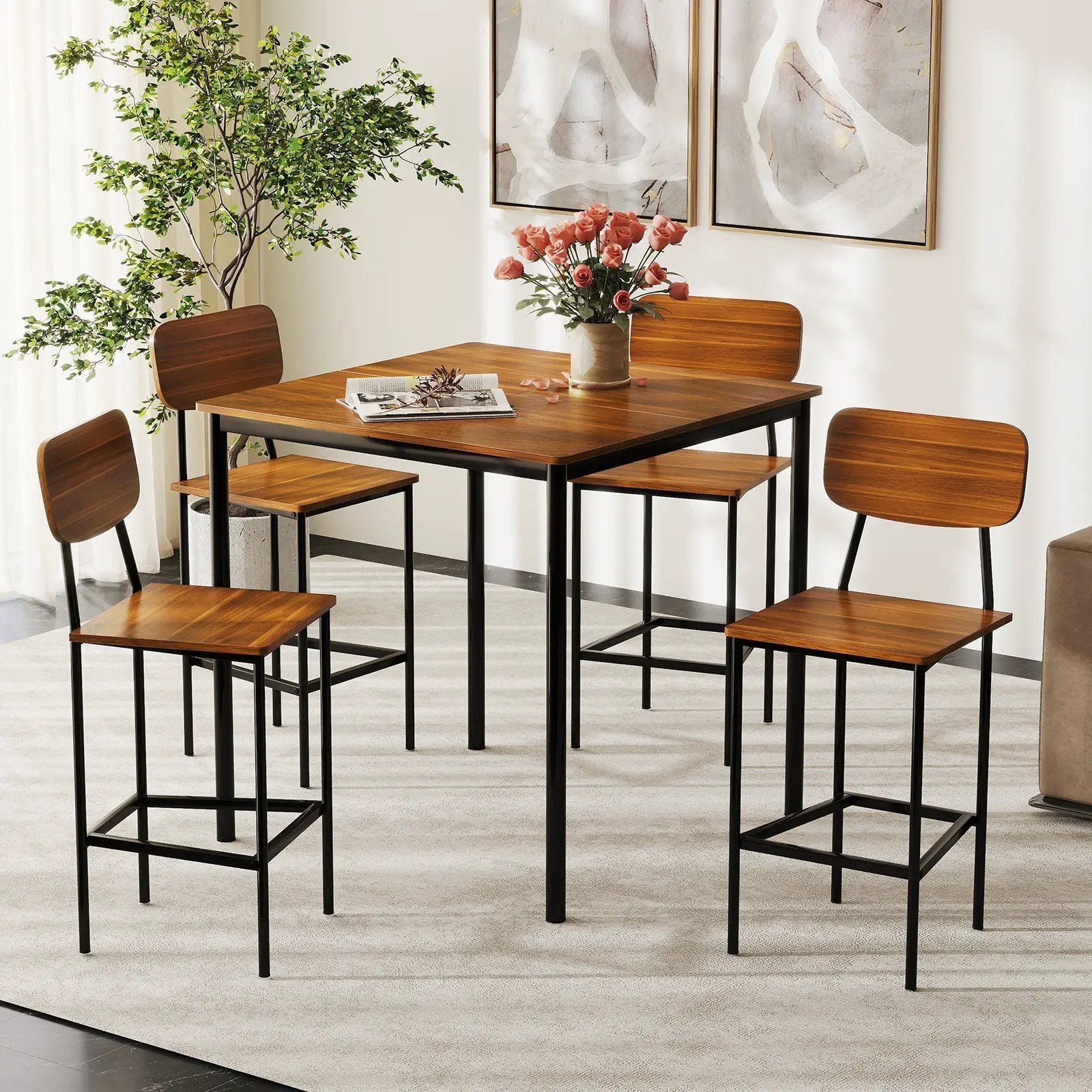 5 Pieces Industrial Dining Table Set with Counter Height Table and 4 Bar Stools-Coffee by DirectDeals
