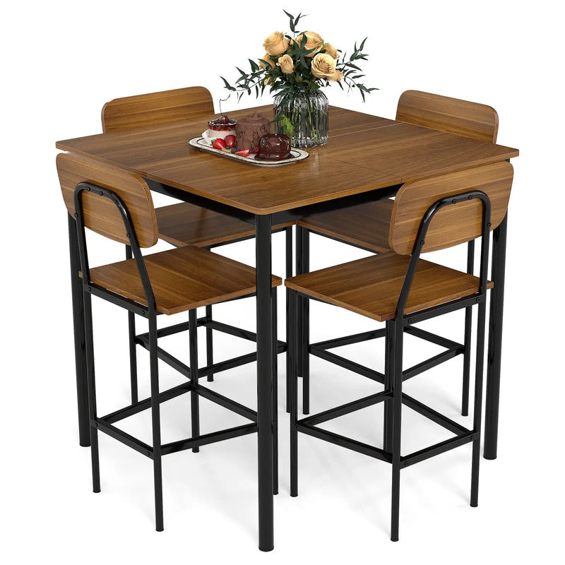 5 Pieces Industrial Dining Table Set with Counter Height Table and 4 Bar Stools-Coffee by DirectDeals