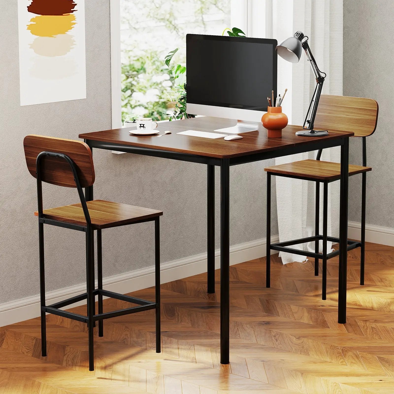 5 Pieces Industrial Dining Table Set with Counter Height Table and 4 Bar Stools-Coffee by DirectDeals