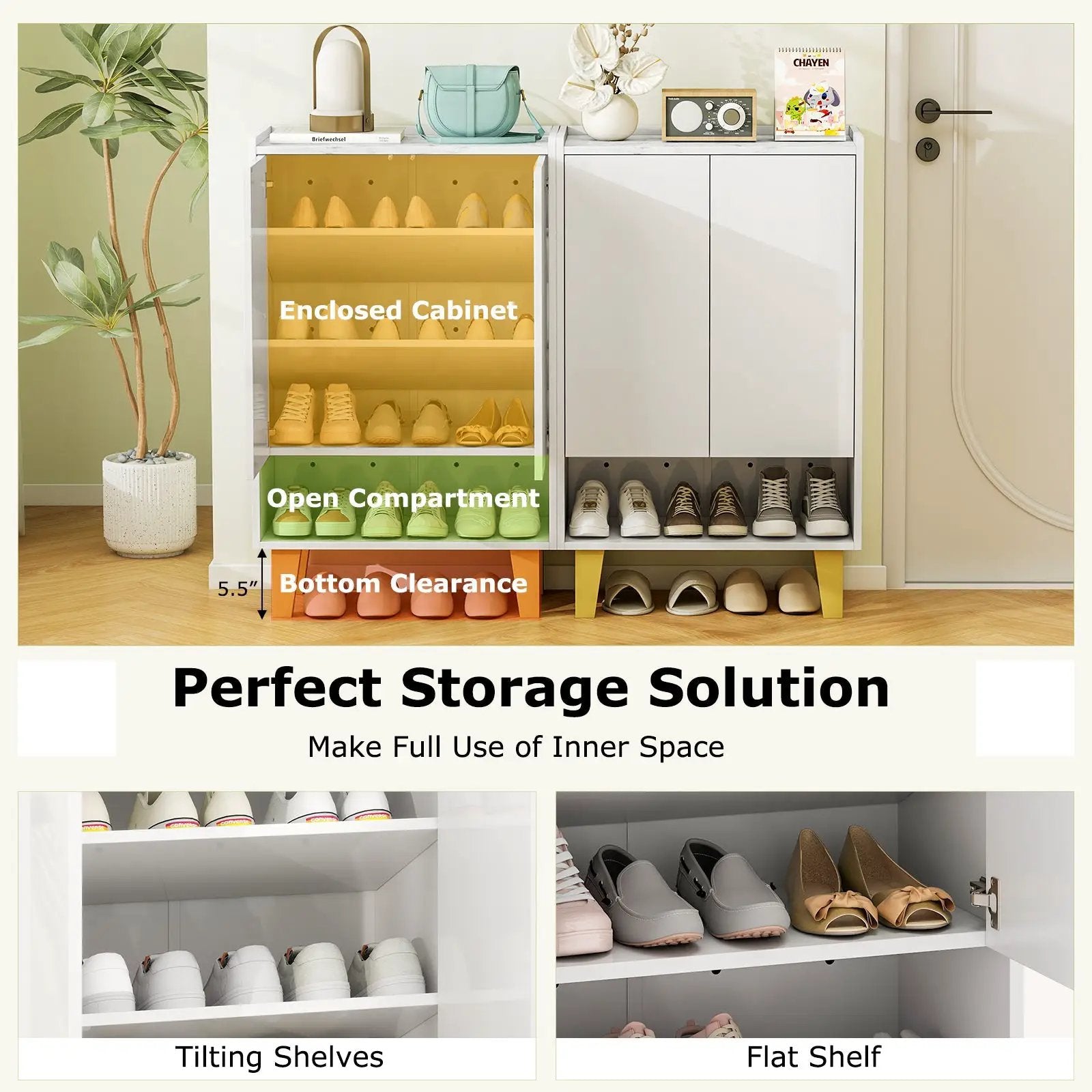 5-Tier Shoe Cabinet with Faux Marble Countertop and Flat Tilting Shelves-White by DirectDeals