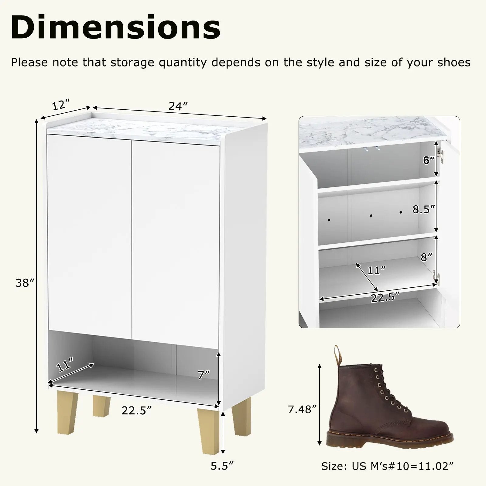 5-Tier Shoe Cabinet with Faux Marble Countertop and Flat Tilting Shelves-White by DirectDeals