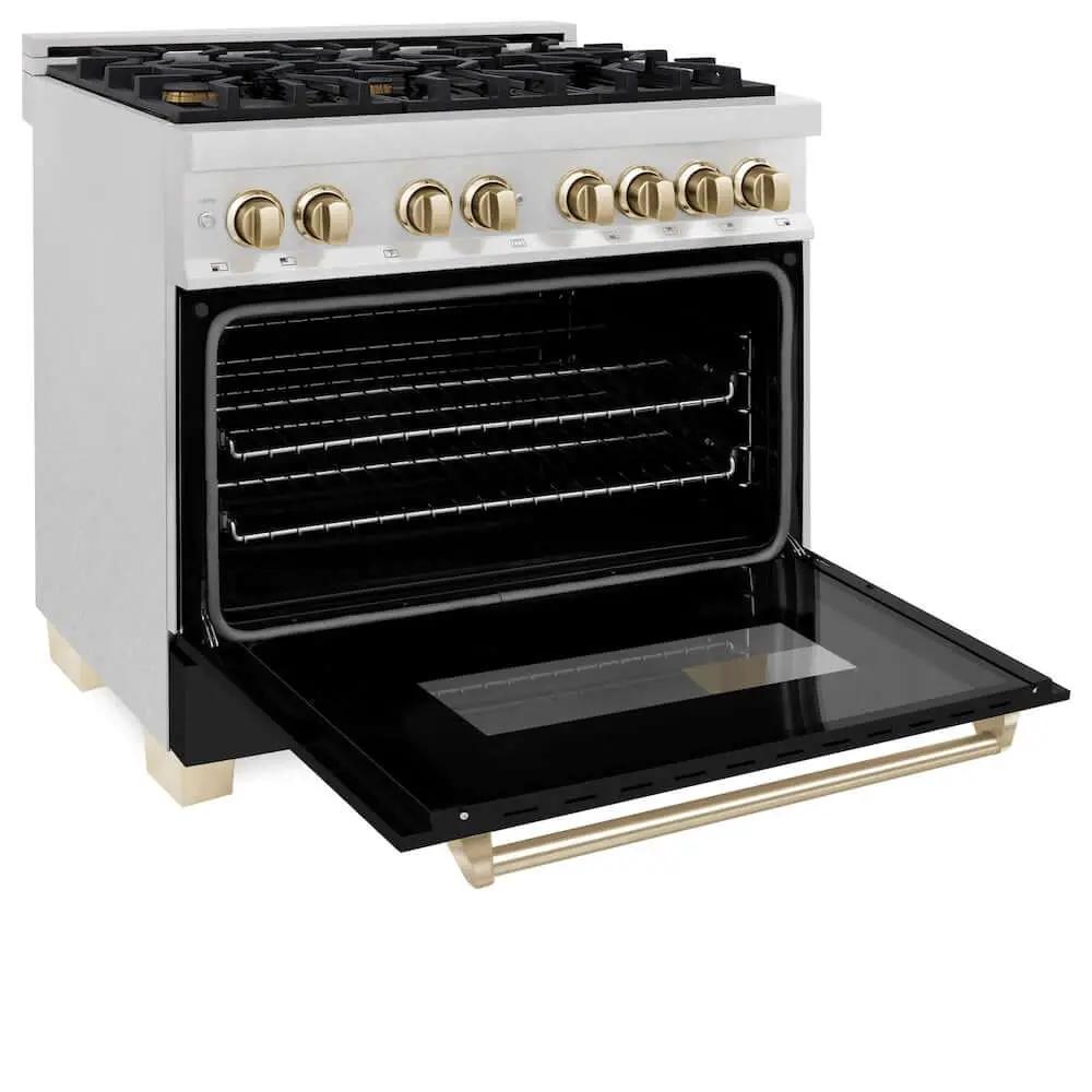 ZLINE 36" Autograph, Dual Fuel Range, Black Door, Gold, RASZ-BLM-36-G by Farmhouse Kitchen and Bath