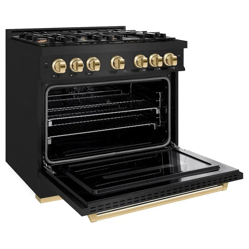 ZLINE 36" Dual Fuel Range, Gas Cooktop, Electric Convection Oven Black Stainless Steel, Gold CDRBZ-36-G by Farmhouse Kitchen and Bath