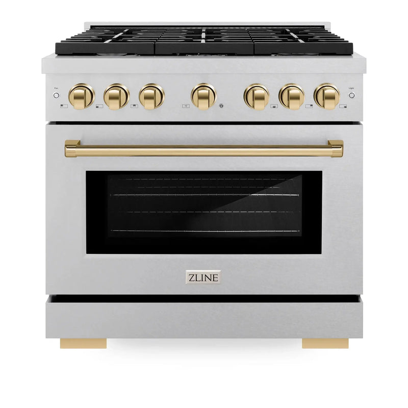 ZLINE 36"Paramount Dual Fuel Range DuraSnow® Gold SDRSZ-36-G by Farmhouse Kitchen and Bath
