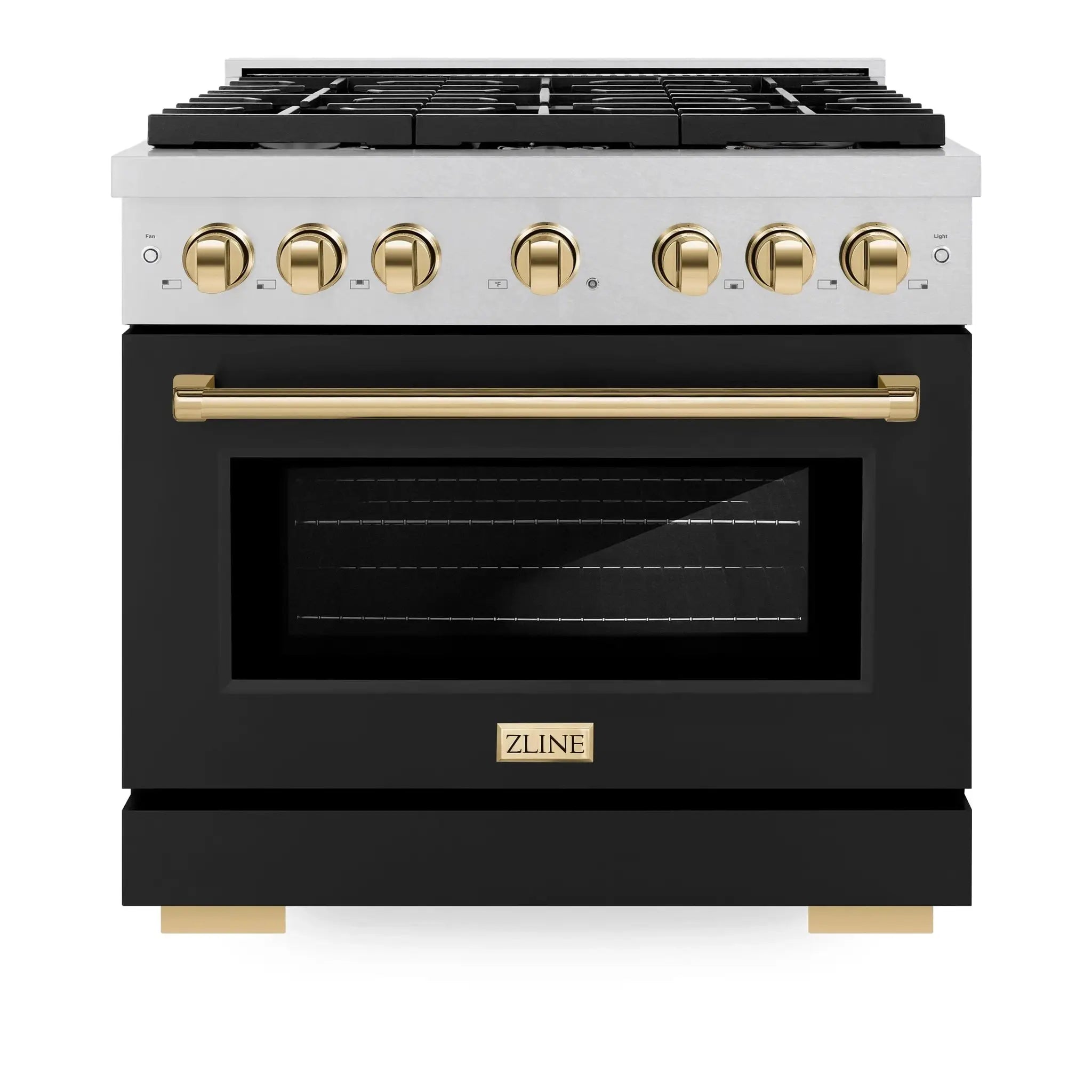 ZLINE 36"Paramount Dual Fuel Range DuraSnow® Black Matte, Gold SDRSZ-BLM-36-G by Farmhouse Kitchen and Bath