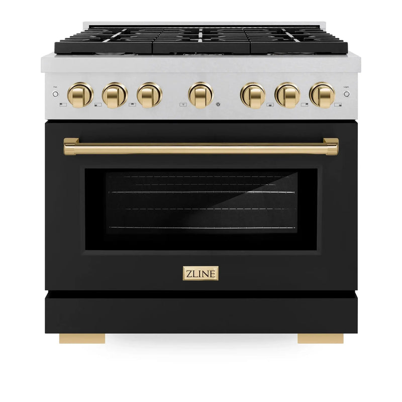 ZLINE 36"Paramount Dual Fuel Range DuraSnow® Black Matte, Gold SDRSZ-BLM-36-G by Farmhouse Kitchen and Bath