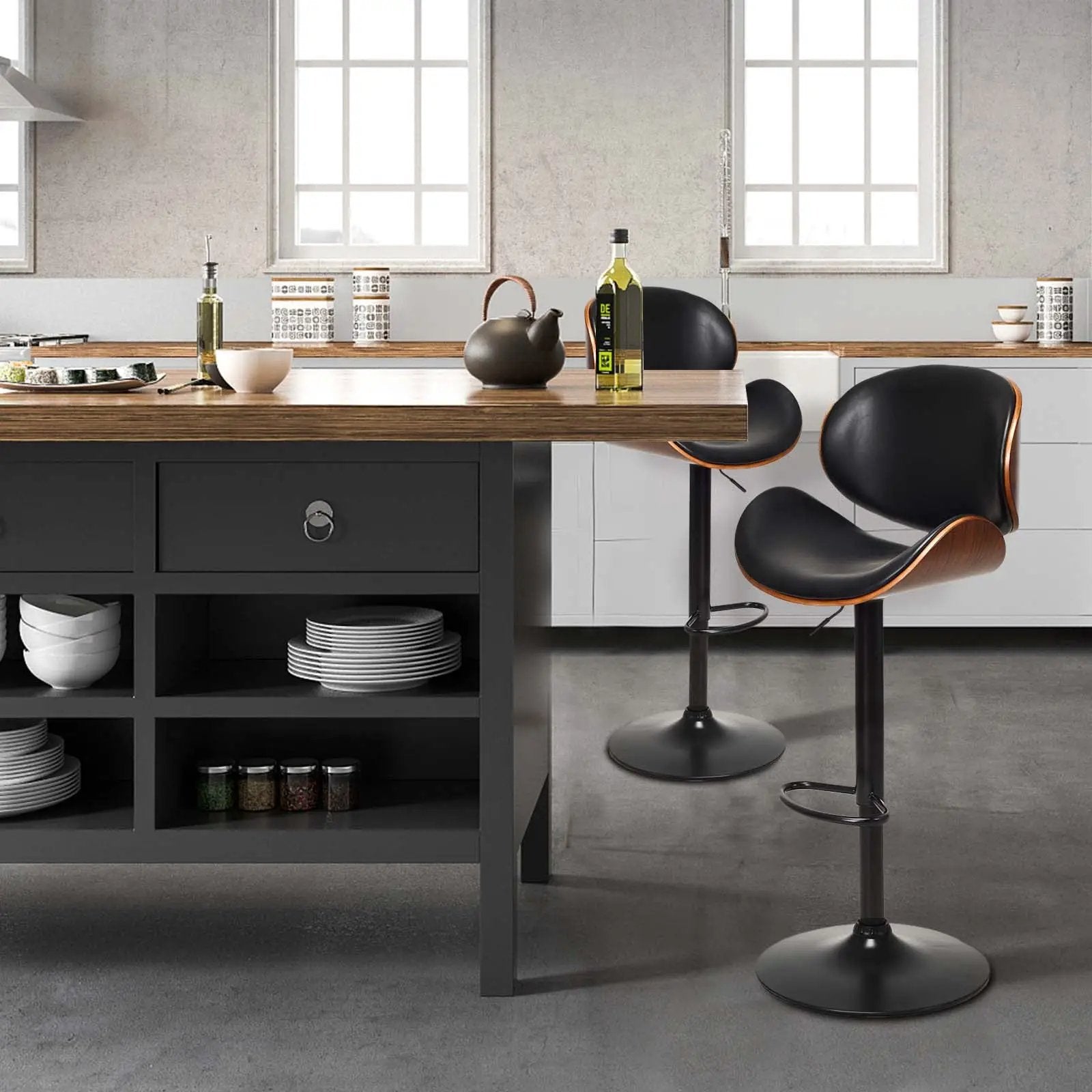 Set of 2 Adjustable Swivel PU Leather Bar Stools with Curved Footrest by DirectDeals