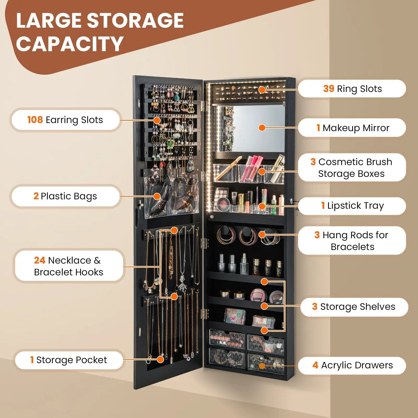 Wall Mounted Jewelry Cabinet with 3-Color Lights by DirectDeals