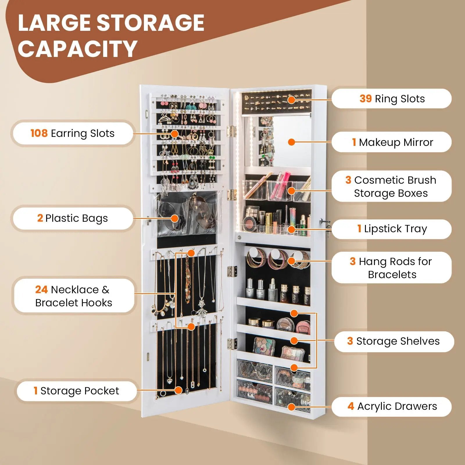 Wall Mounted Jewelry Cabinet with 3-Color Lights by DirectDeals