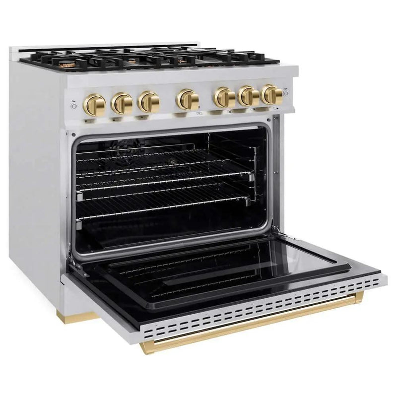 ZLINE 36" Dual Fuel Range, Gas Cooktop, Electric Convection Oven DuraSnow® Stainless Steel, Gold CDRSZ-36-G by Farmhouse Kitchen and Bath