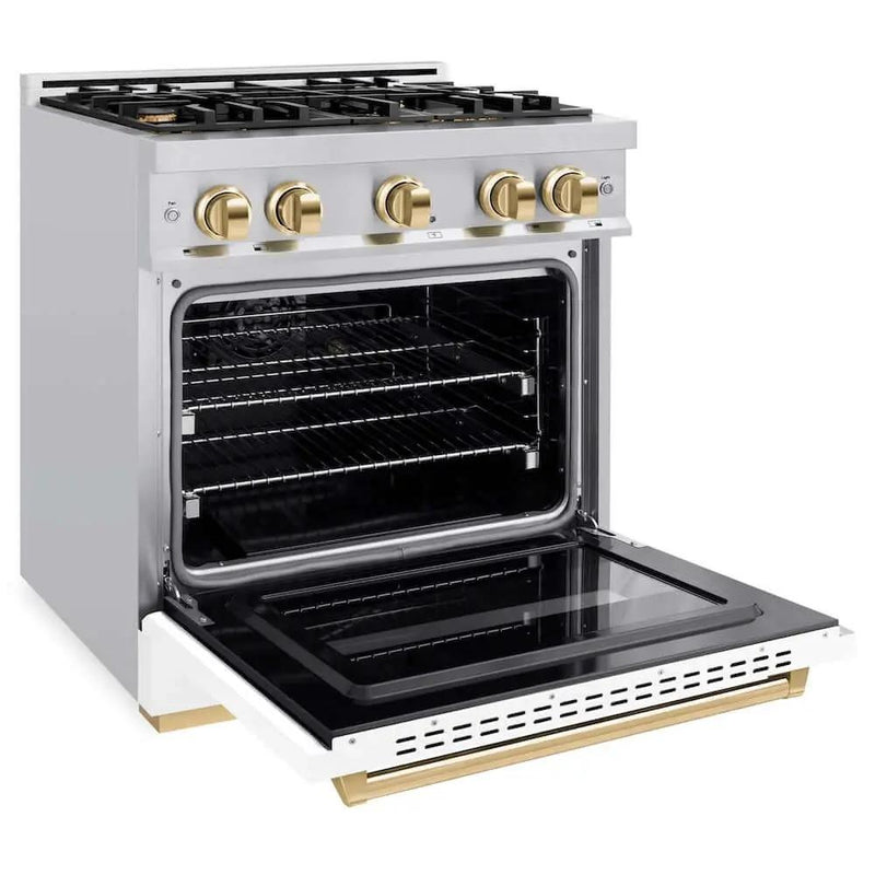 ZLINE 30"Classic Gas Range, Convection Gas Oven, DuraSnow® Stainless Steel, White Matte Door Polished Gold CGRSZ-WM-30-G by Farmhouse Kitchen and Bath