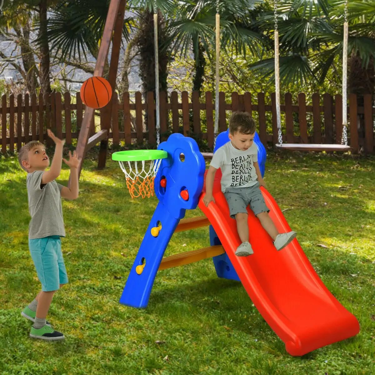 2 Step Indoors Kids Plastic Folding Slide with Basketball Hoop by DirectDeals