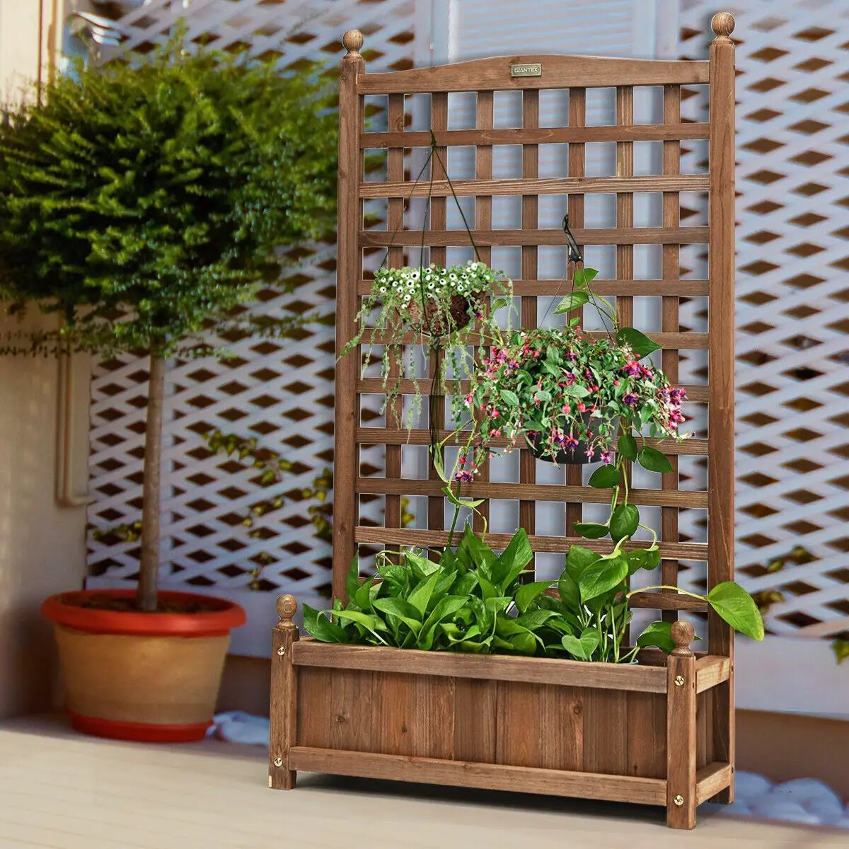 Solid Free Standing Wood Planter Box with Trellis for Garden by DirectDeals