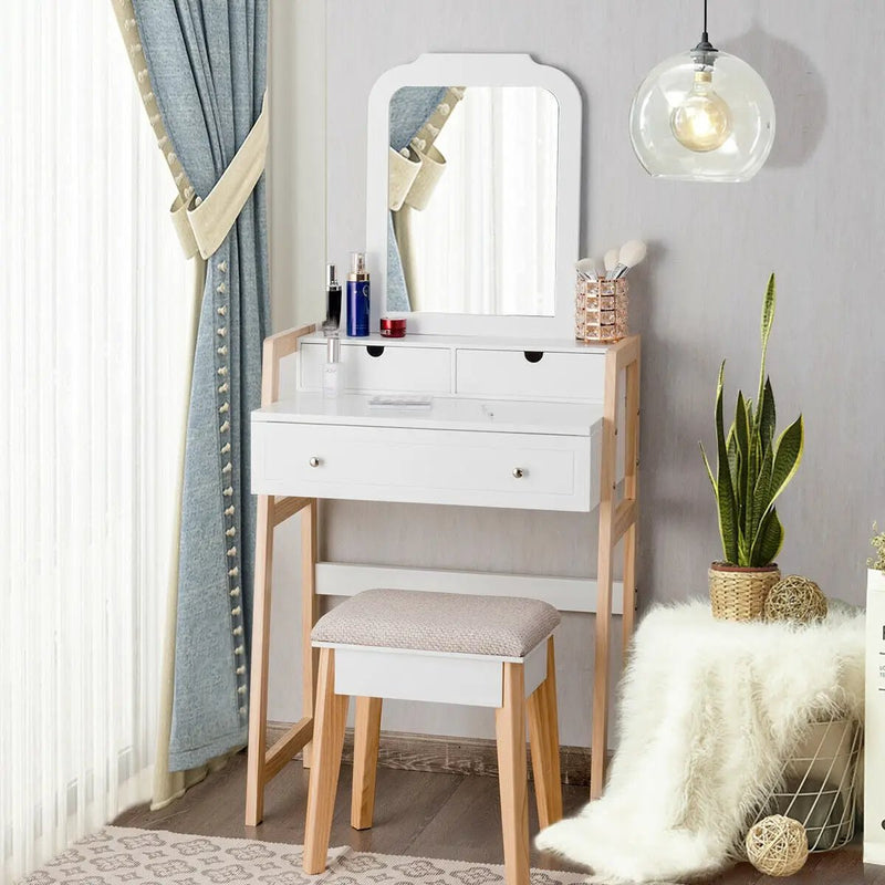 Vanity Table Set with Cushioned Stool and Large Mirror by DirectDeals